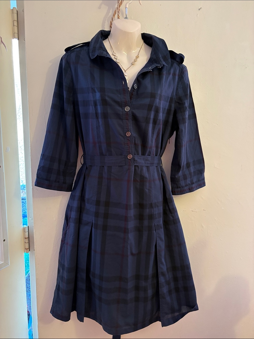 Burberry Navy Plaid Long-Sleeve Shirt Dress.  Cotton